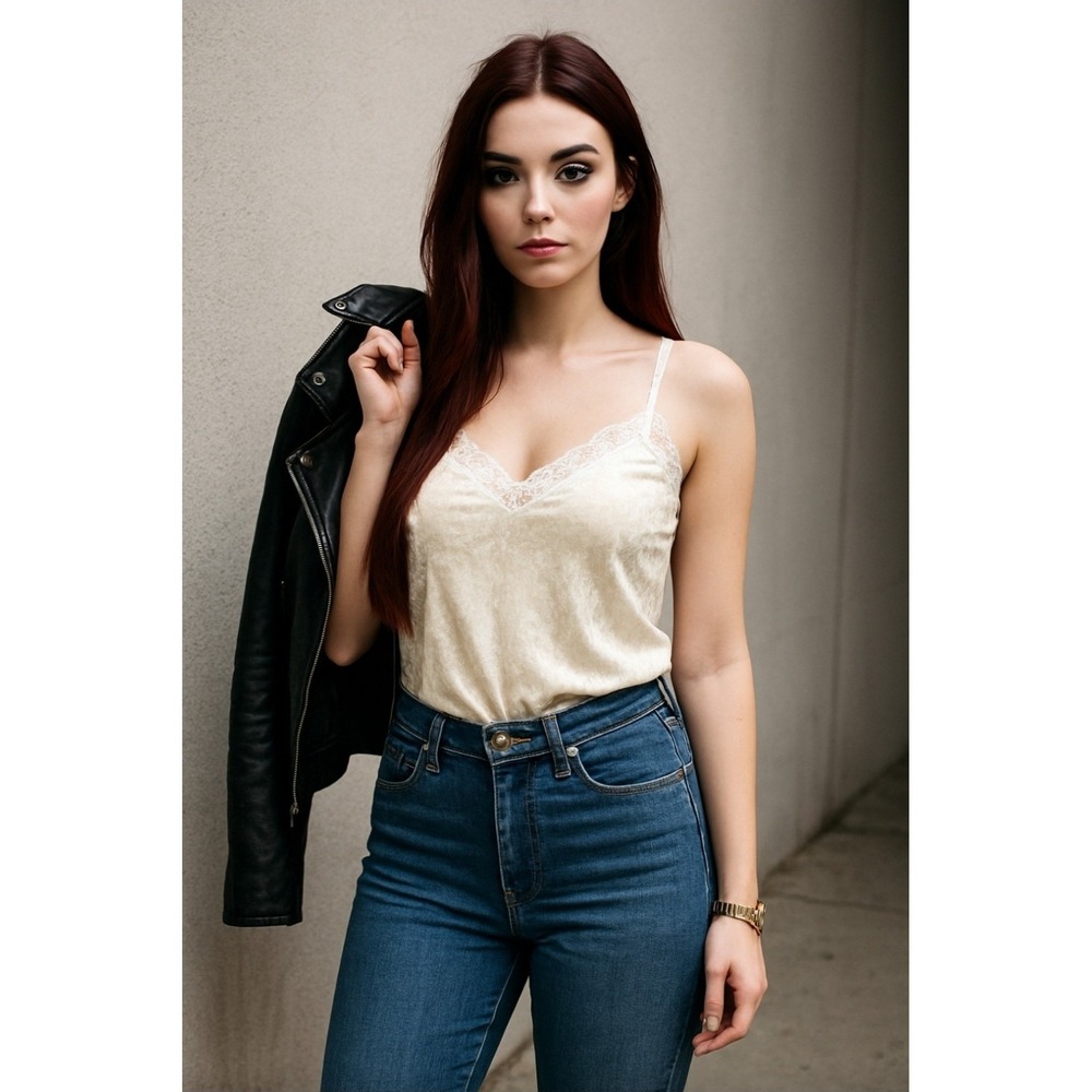 Delicates‎ Vintage Ivory Crushed Velvet Lace Trim Camisole Tank Top Large
